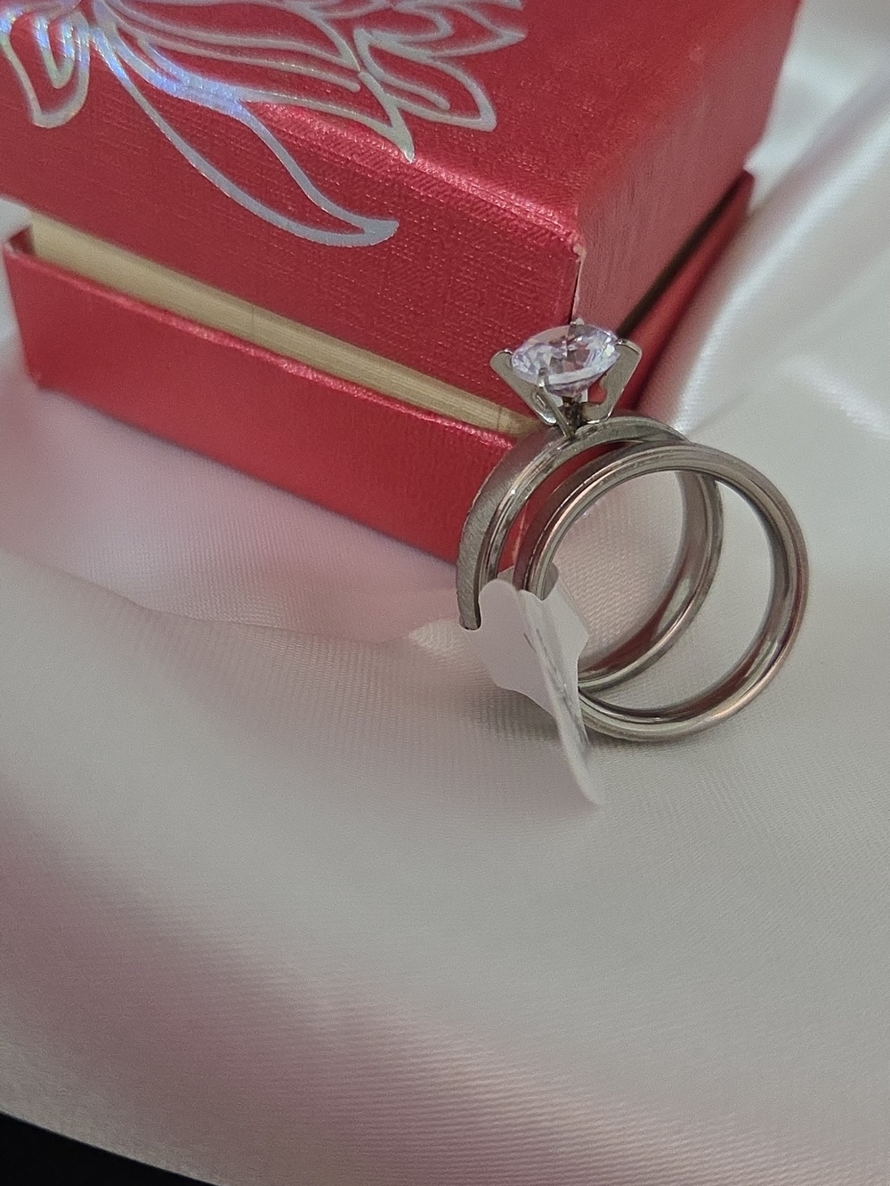 316-L Stainless Steel SilverTone Wedding Ring Set 2PCS for Women – CZ Solitaire